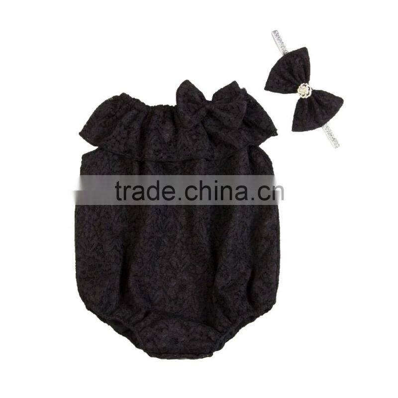Hot sale summer bouqitue baby clothing rompers plain color baby girl lace rompers with headband