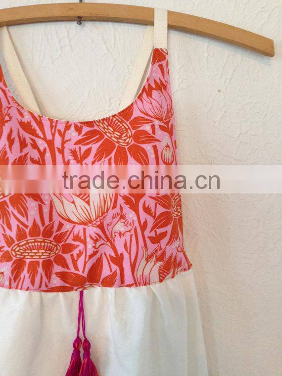 Fashion Printed Beach Girl Dress Of 9 years old with Front Tassel