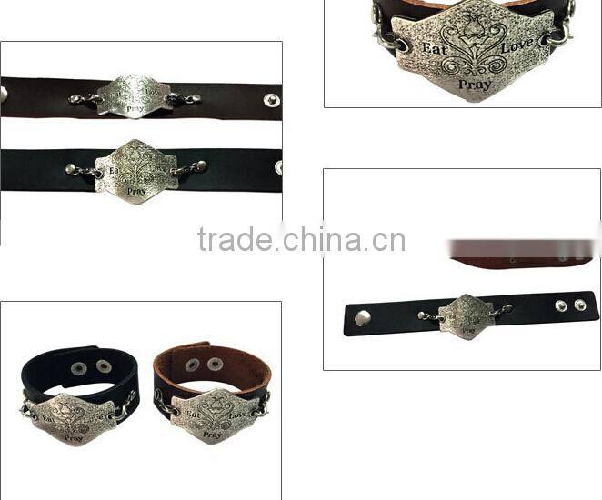 Brown/black color adjustable bracelets,inspirational words metal charm cuff bracelets,wide leather bracelet