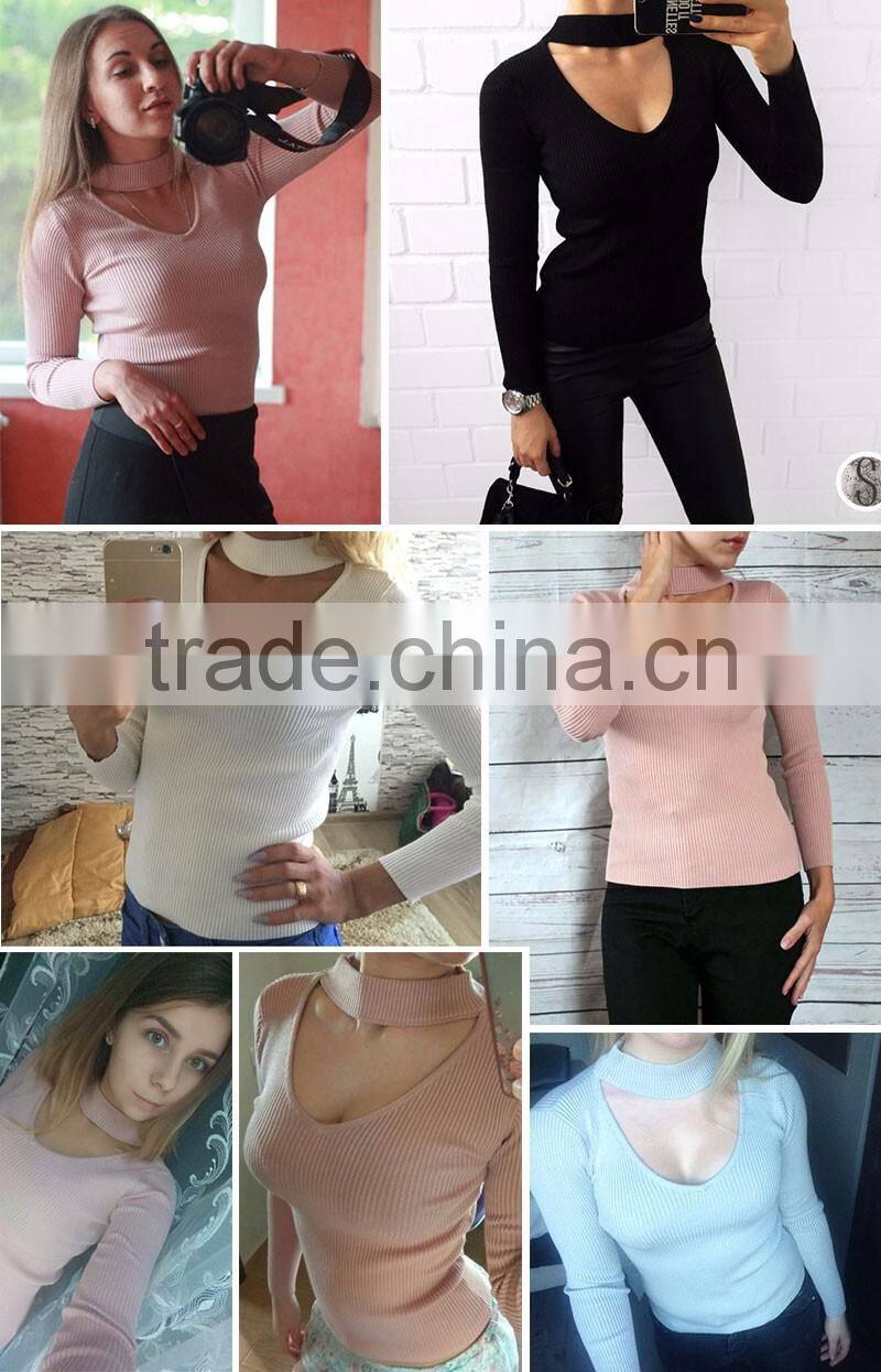 Elegant halter knitted sweater Autumn winter white short pullover women tops Slim v neck black jumper casual pull femme