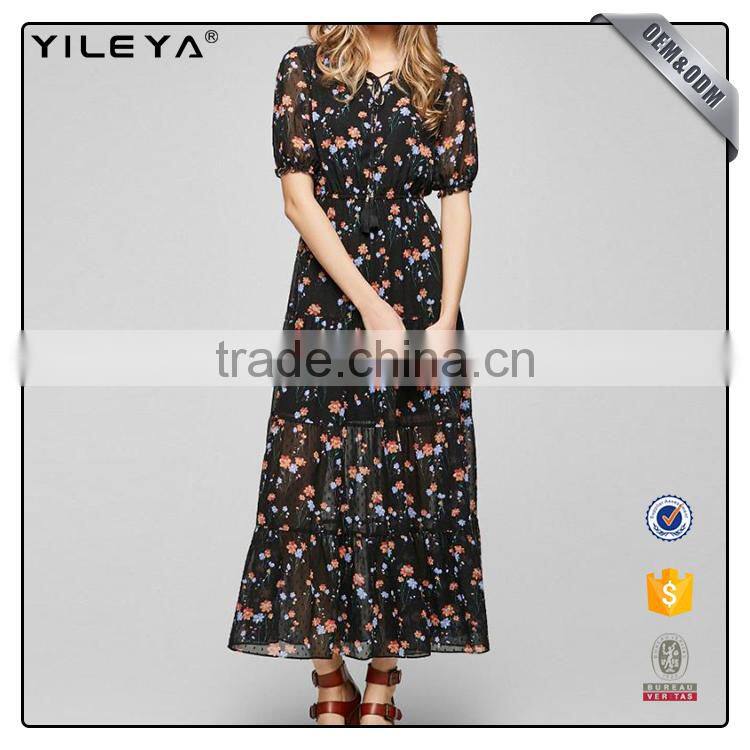 Custom factory service modern style casual women's summer long chiffon floral maxi dresses 2017