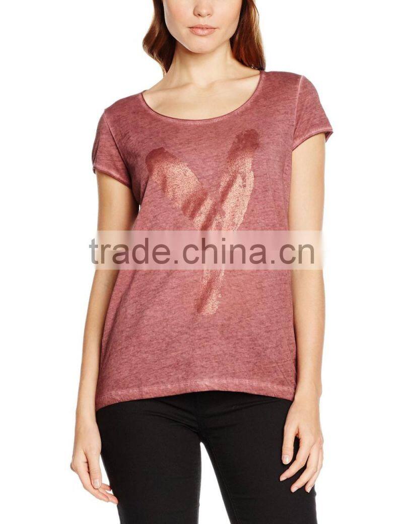 Ladie's back curved hem short sleeve front print and oil wash t-shirt