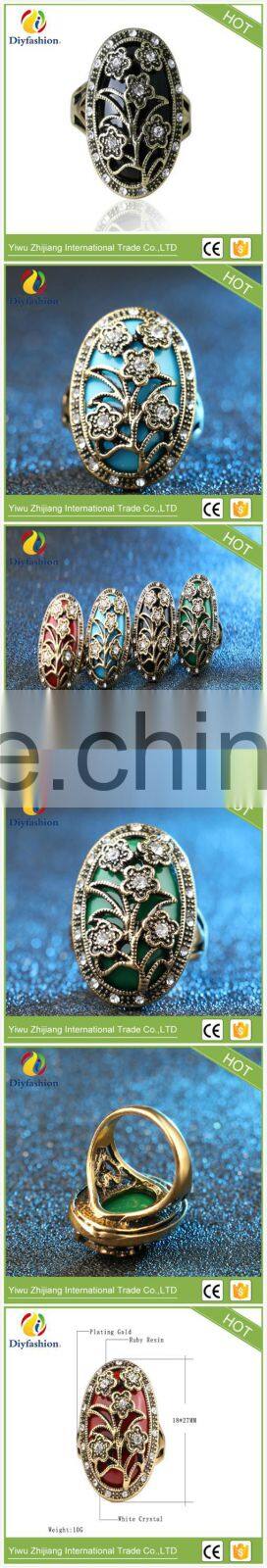 Colorful Unique Vintage Ring Oval Resin Jewelry Plating Gold Mosaic White Crystal Charm Flowers Ring For Women