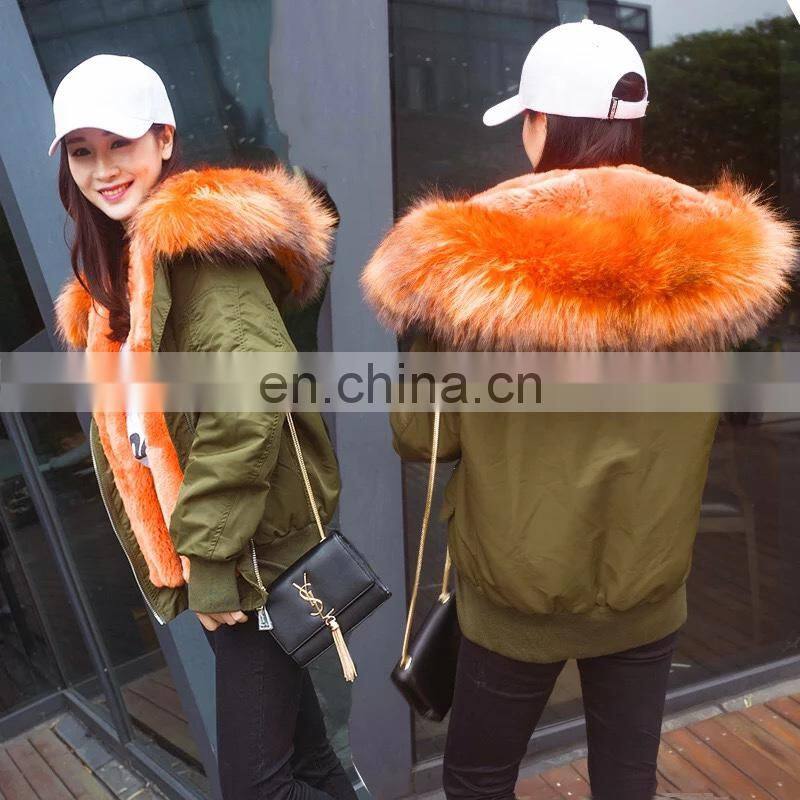 2016 Women Hooded Winter Military Raccoon Fur Hooded Bomber Jacket With Fur Lining