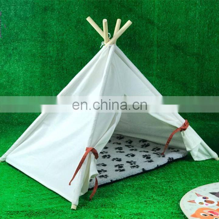 Pet Teepee Tent for Dogs Cats Portable Foldable Cotton Canvas Pets House Bed for Rabbit Puppy 4 Poles Pine Wooden with Floor Whi