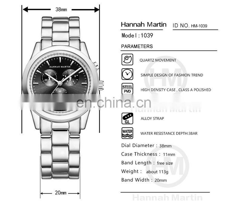 HANNAH MARTIN HM-1039 Current Black Stainless Steel Quartz Watch Analog Business Calendar Men Wrist Watches