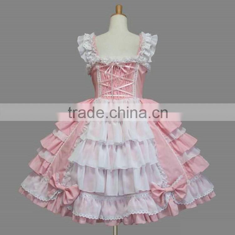 cute pink harness cotton wrinkles middle waist fancy princess girls Lolita Dress Cosplay Costume