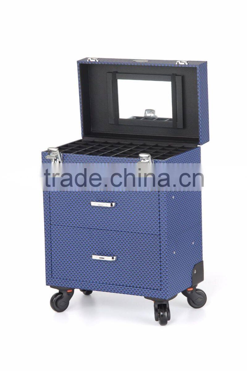 Blue fashion design PVC Trolley makeup case with mirror