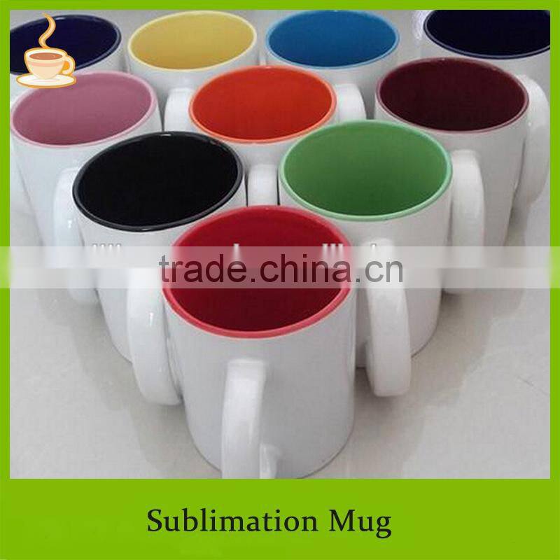 Color glazed inside and white blank coated sublimation ceramic mug, multi-colors offered
