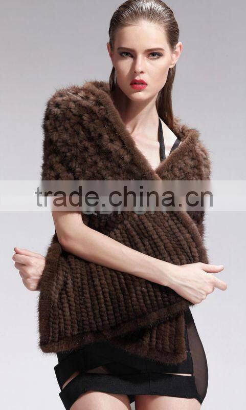 QD27600A 2014 Modern Poncho Coffee Bat Sleeved Mink Cape Regular Women's Wrap Knitted Mink Fur Shawls