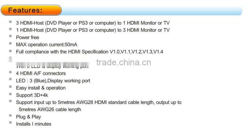 4K Bi-Direction 3 to 1 HDMI Switch HDMI Splitter 1x3