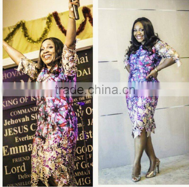 ghana kente wax hollandis ankara fabric with cord guipure lace UC007-1