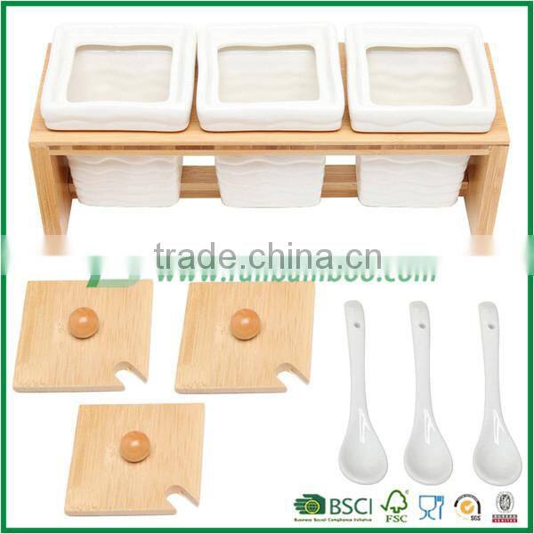 FB1-6019 ceramic Spice Serving Jars bamboo holder with serving spoons