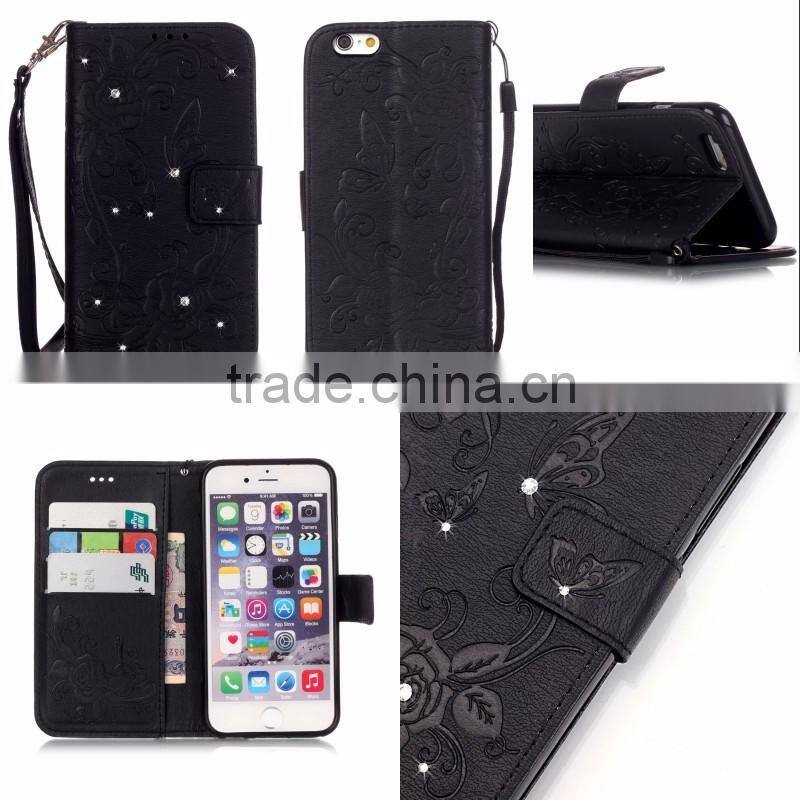 Fasion designed Diamond butterfly wallet leather case cover with strap, leather case with inside TPU for iphone 6s/6 plus