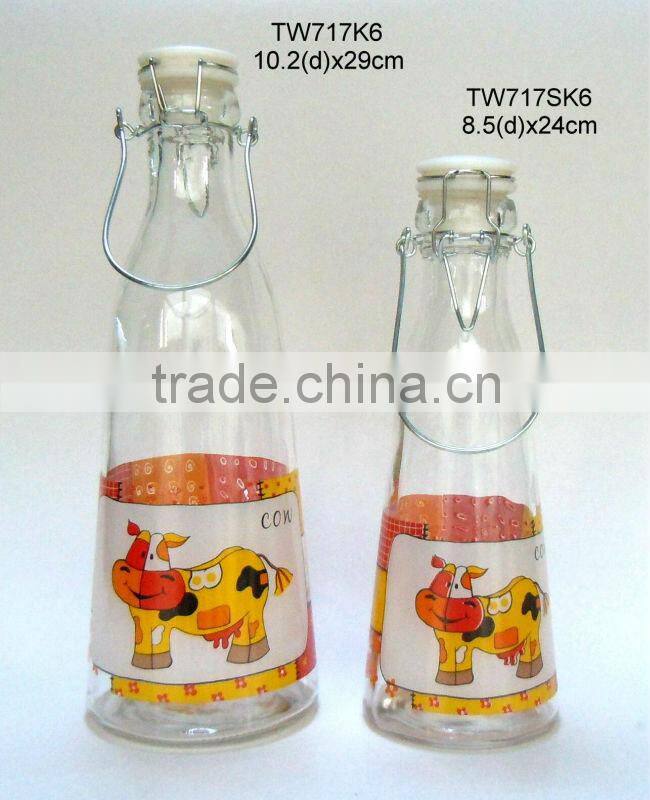 TW717K8 glass milk bottle with printig with metal clip