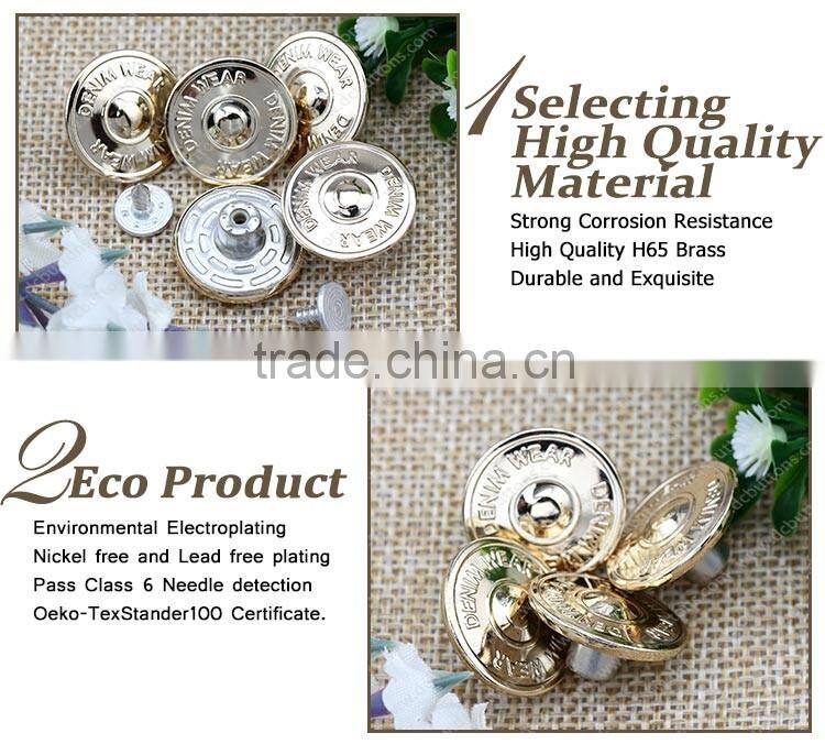 2016 20mm shiny gold metal custom enboss button for denim