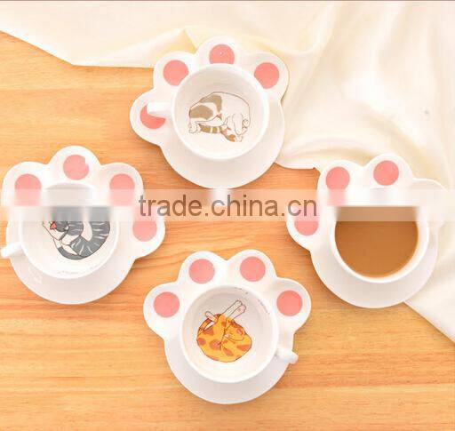 creative lovely pussy cat ceramic coffee mug set with tea tray, promotional pocelain kitty series of 2-piece suit