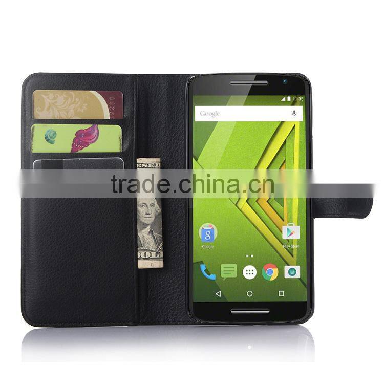 2015 New Arrival Stand Wallet Lychee Leather phone case for Motorola Moto X Play