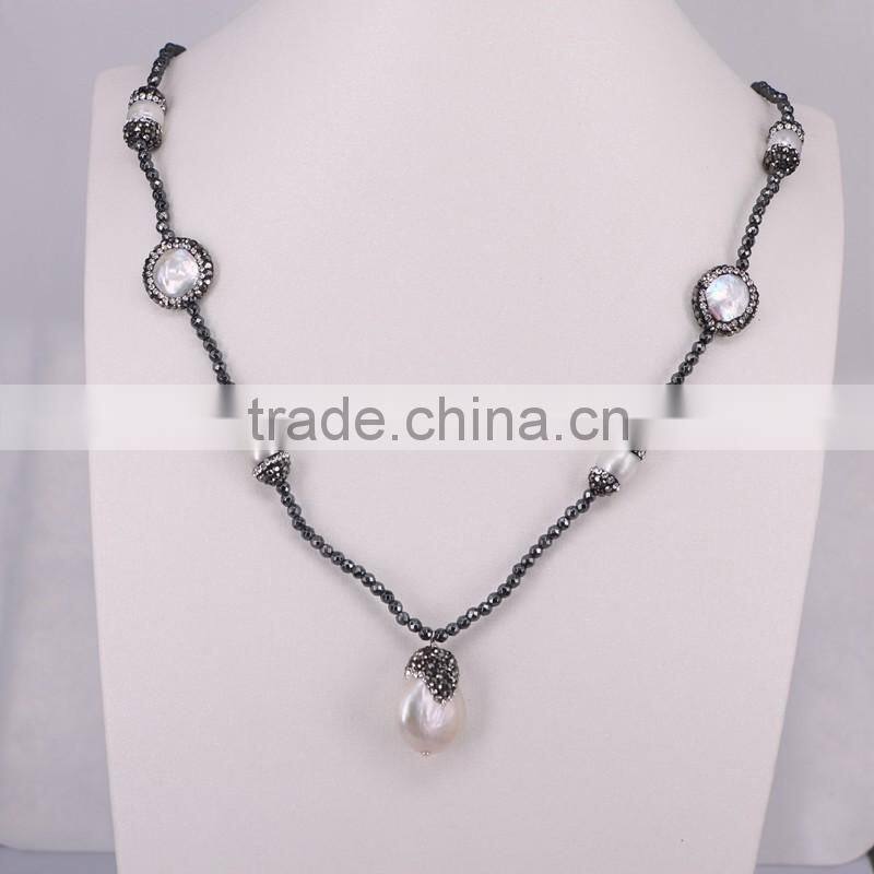 Natural Turquoise Necklace, with 3mm Hematite Beads Necklace, Double Horn Pendant Charm Beaded Gem stone Natural Stone Necklace