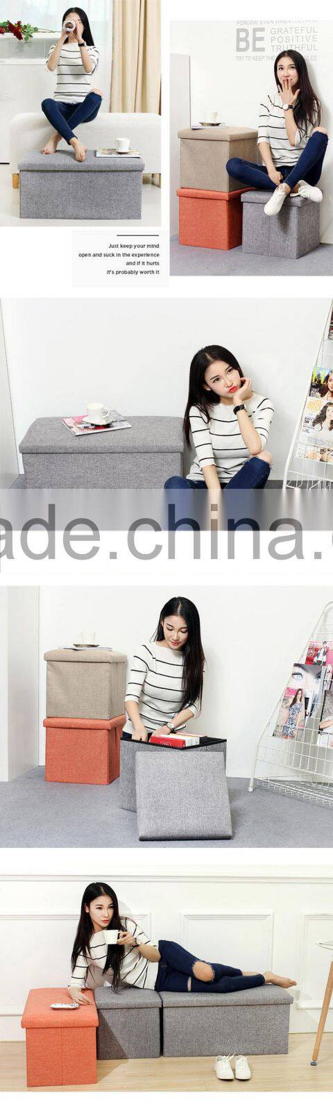 Orange Linen Rectangle Folding Seat Foot Stool Storage Box