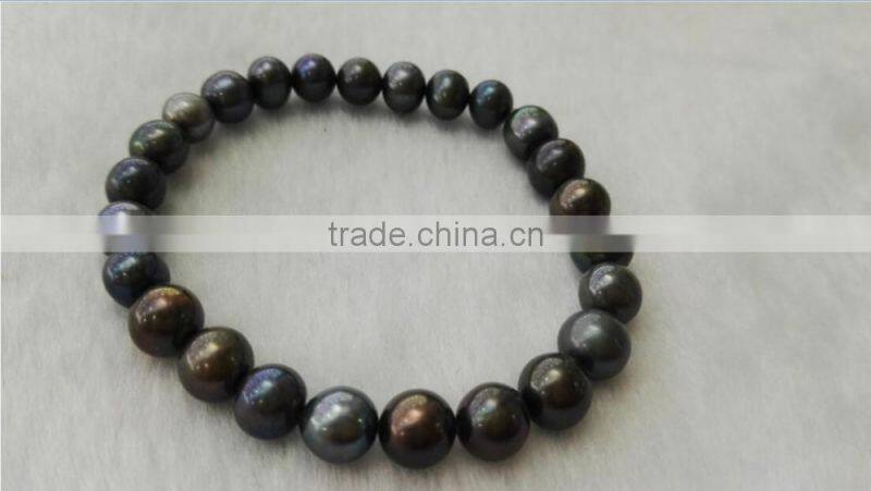 Grade AA 8-9mm round black freshwater pearl bracelet