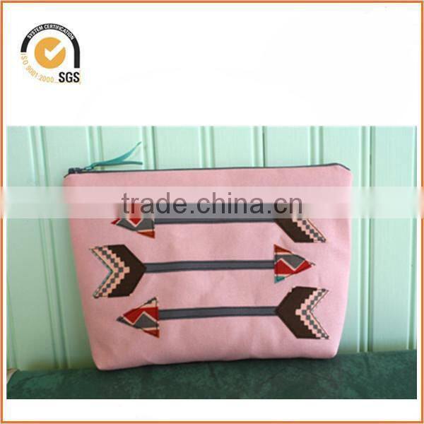 Flag/Bunting Applique Makeup Bag/ Zipper Pouch: Natural Canvas with Yellow and Pink Floral By Chiqun Dongguan CQ-H01081