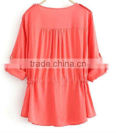 Women's full folded sleeve v neck ruched back yoke red color blouses for fat