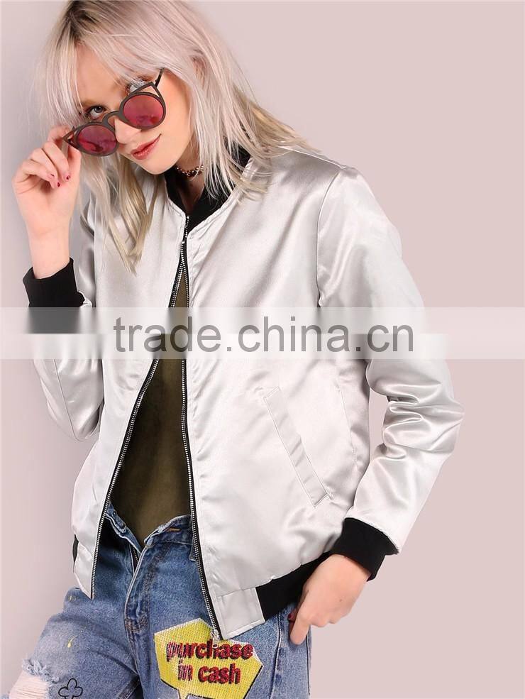 Women Satin Zip Up Jacket Sleek Metallic Bomber Jacket Silver Ribbing Trim Outwear With Side Pockets