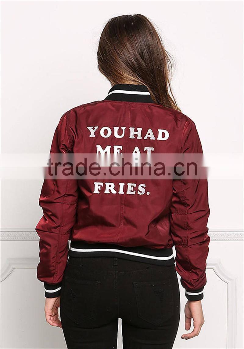 MGOO Foshan Manfuacturer Wine Red Polyester Bomber Jackets Zip Up Custom Back Print Winter Coat With Padded