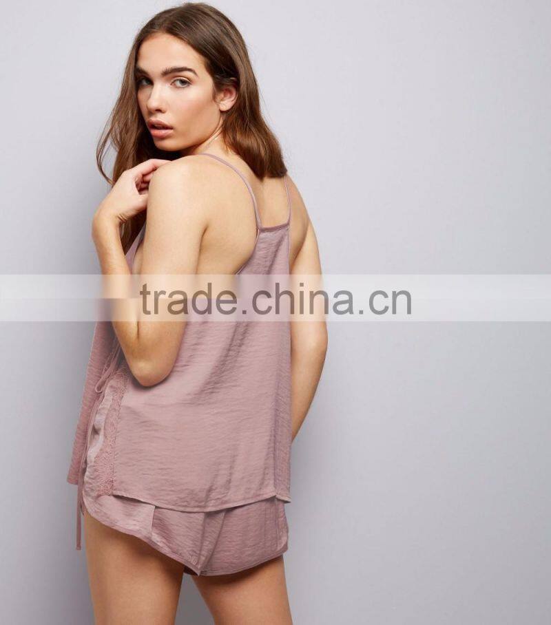 New Arrival Straps Nightwear Pink Sateen Eyelash Lace Pyjamas Set Vest and Shorts Casual Fit Sleepwear For Women