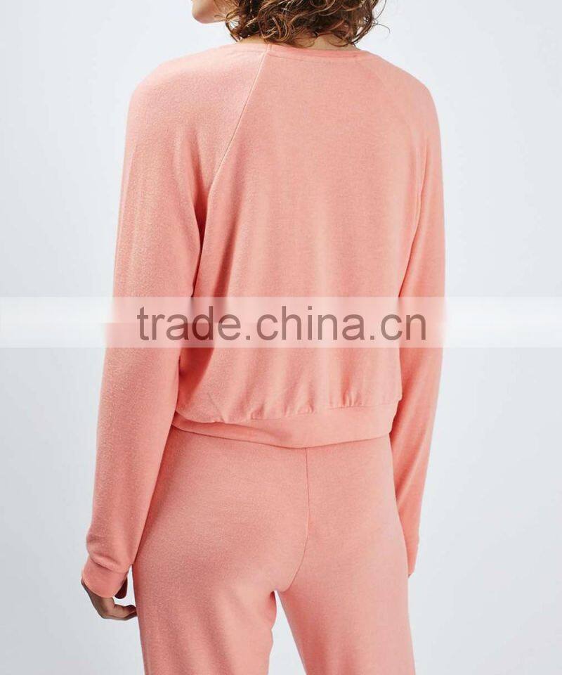 Women lounge wear pink plain girl casual sweatshirt without hood