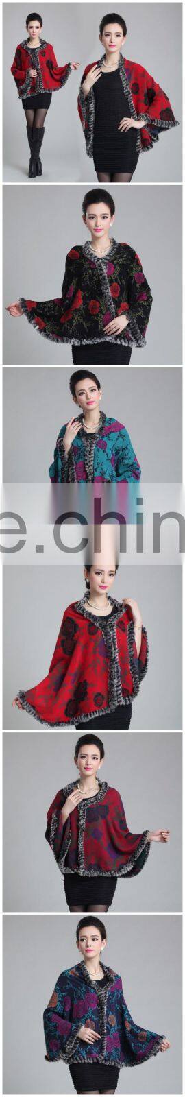 5 Colors New short knit Luxury natural rabbit Fur trim shawl capes mixed color Coat Overcoat for Women Cashmere Pashmina wraps