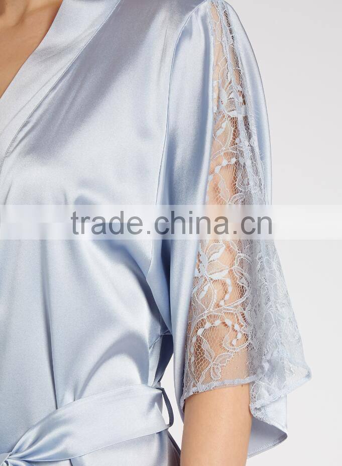 Latest Water Blue Soft Satin Night Robes Womens Half Long Sleeves Wrap Robes