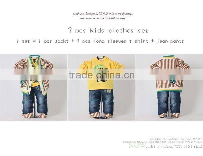 2016 New Autumn And Spring Yellow Boys Clothes Set 3Pcs: Jacket and T Shirt and Jean Pants Clothing 100% Same Like Picture