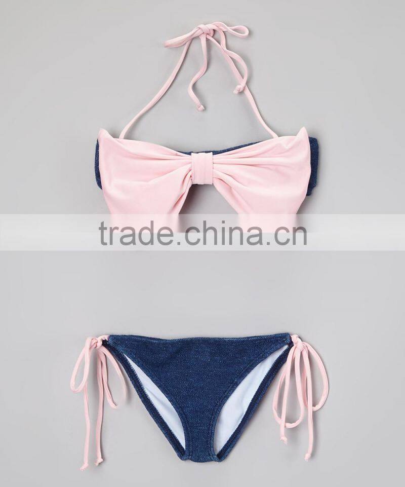 Newest Girl Swimsuit With Pink And Navy Bow Bandeau Bikini Girl Beachwear Girls Clothes G-NP-TR905-328