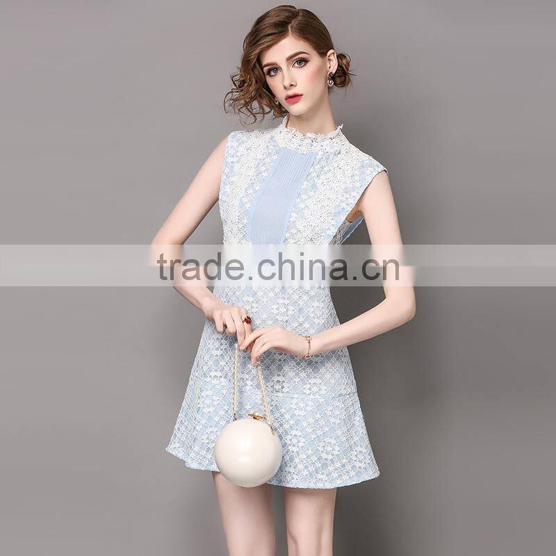 Dresses 2017 summer high grade lace neck collar sleeveless elegant lace stitching design backless party dress for women