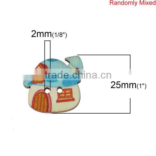 Wood Sewing Buttons Scrapbooking 2 Holes House At Random Mushroom Pattern