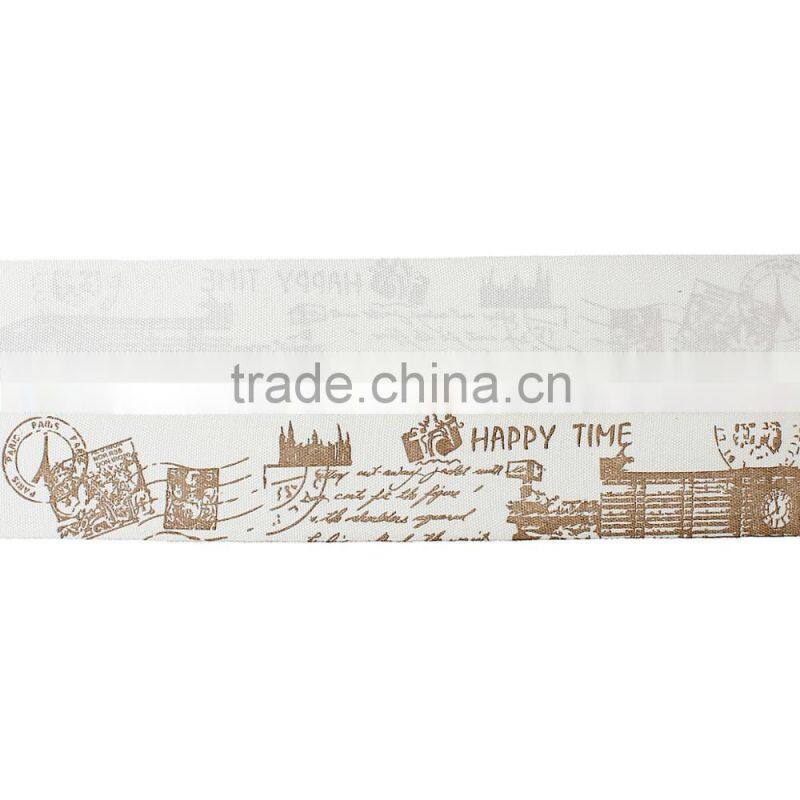 Handmade DIY Craft Off-white & Light Brown Stamps Big Ben Pattern Cotton Fabric Sewing Ribbon Labels