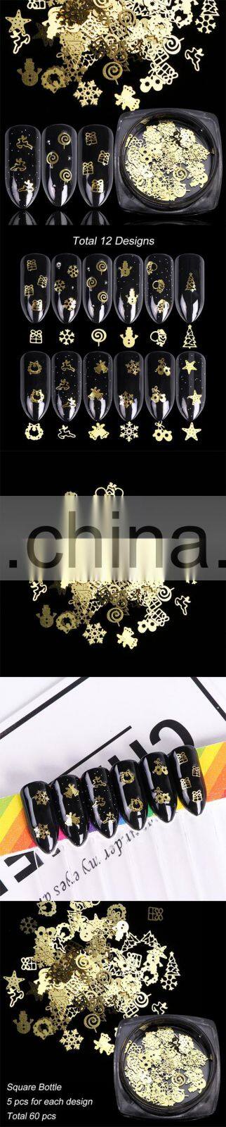 60Pcs/Jar box 3D Snowflakes Gold Metal Slices Nail Art Sequins Christmas Decorations Nail Polish Thin Sticker Designs Manicure