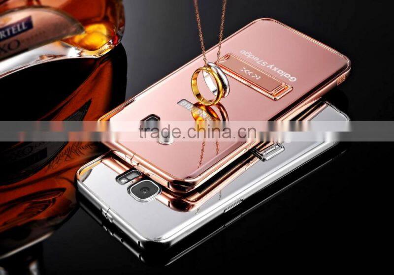 KXX Gold Series Stainless steel Bumper with Acrylic backplaneck Case for Samsung S7 edge Luxury Mirror Back Stand Case MT-5580
