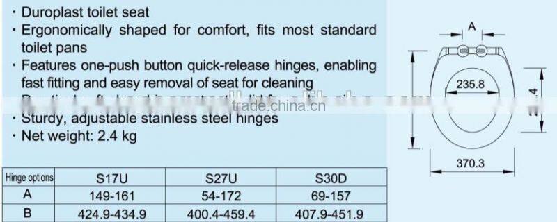 WC toilet seat cover with soft close and quick release with European standard size