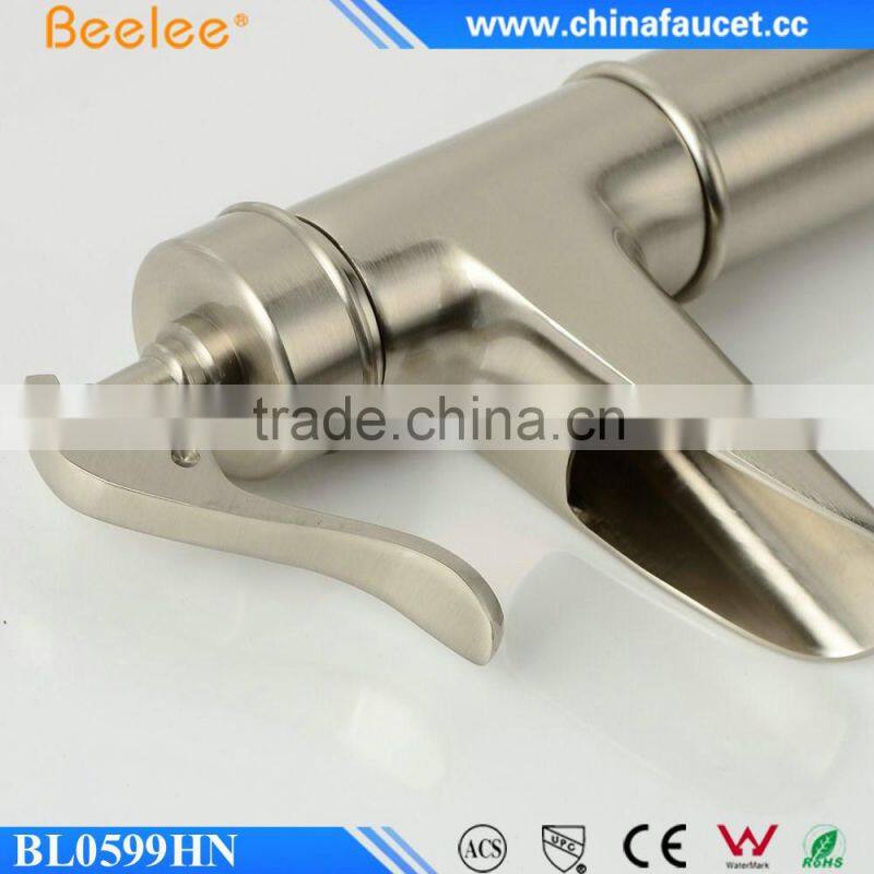 Beelee Unique Waterfall Brushed Nickel PVD Vanity Top Basin Sink Faucet Deck Mounted Mixer
