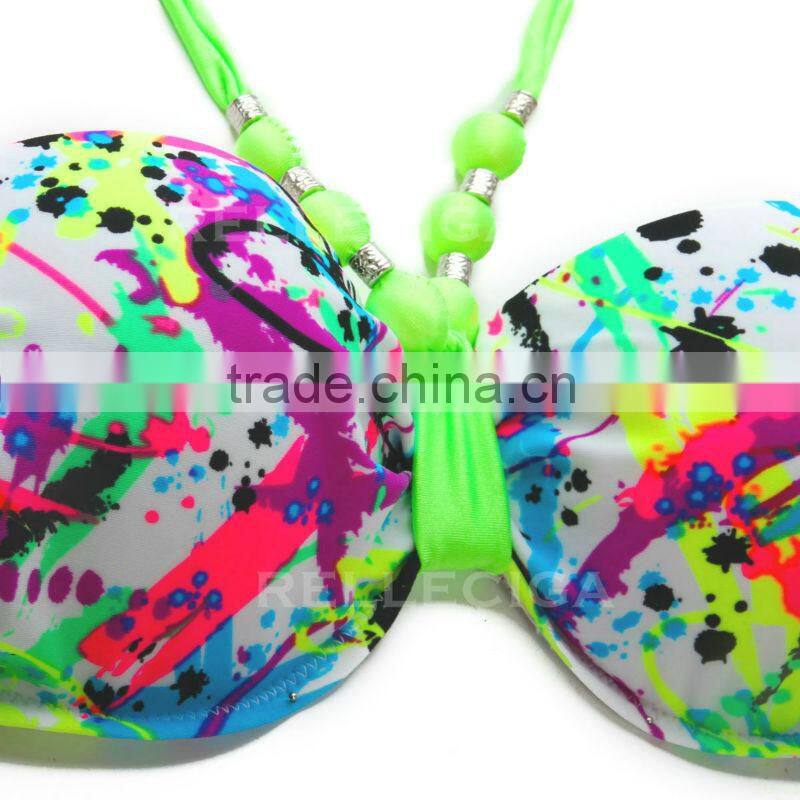 RELLECIGA Bandeau Bikini Series - Doodle Print 1/2 Cup Bandeau Top Girls Swimwear Bikini Neon Green Ties at Neck and Pearlish De