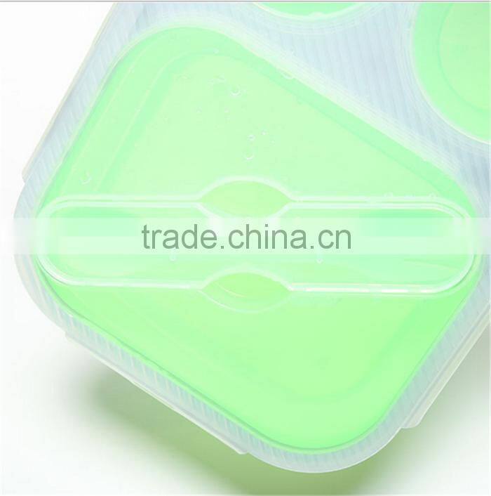 Folding Collapsible Silicon Lunch Box- Three Compartments With Cutlery- Green lunch box silicone