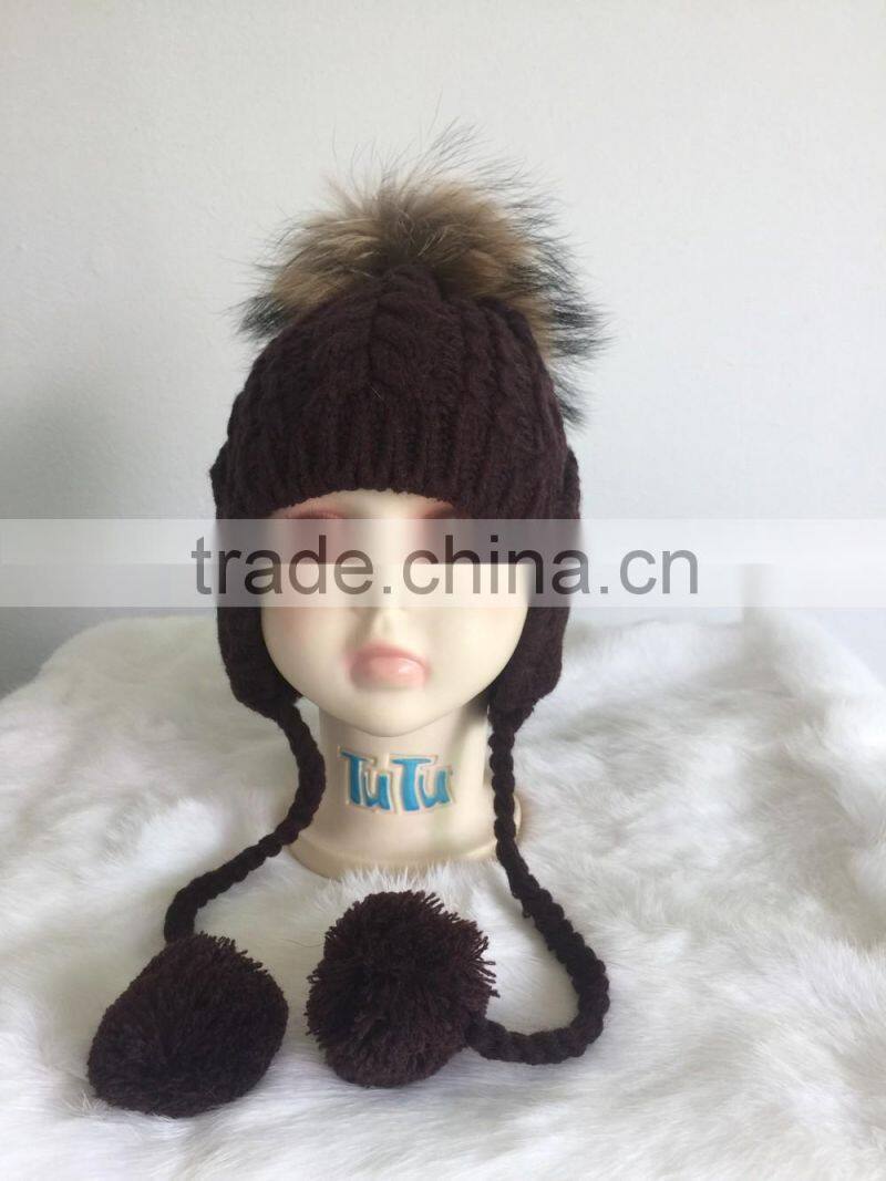 New Design Fur Pom Pom Hats Crochet Baby Hats Children Fur Bobble Hats