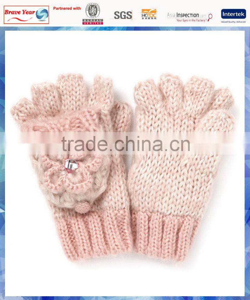 pink flower crochet winter warm knitted gloves for young girls