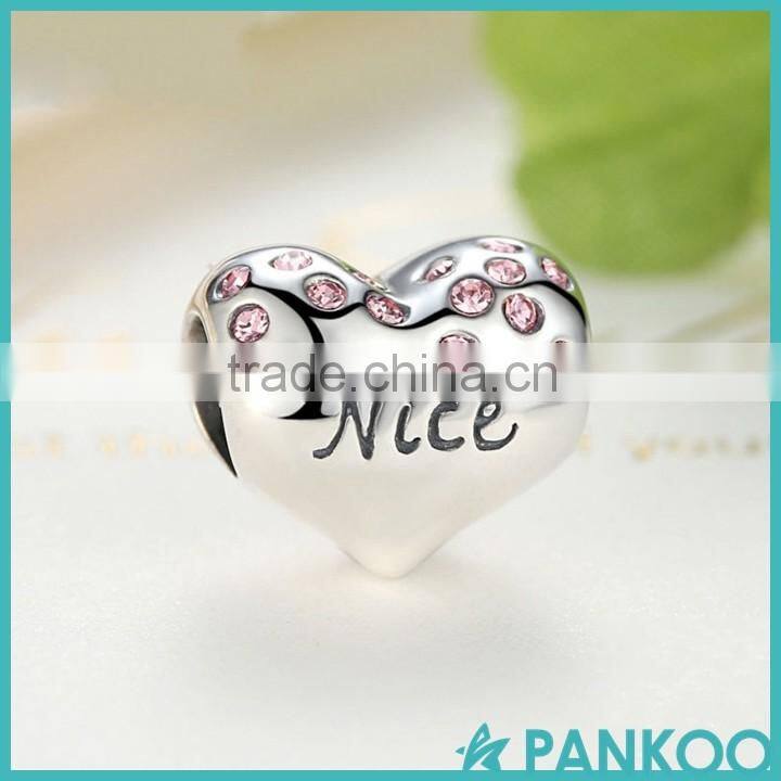 925 Sterling Silver NICE Naughty Word Heart Beads Charms with Pink Crystal for DIY Jewelry Making Baby Gift