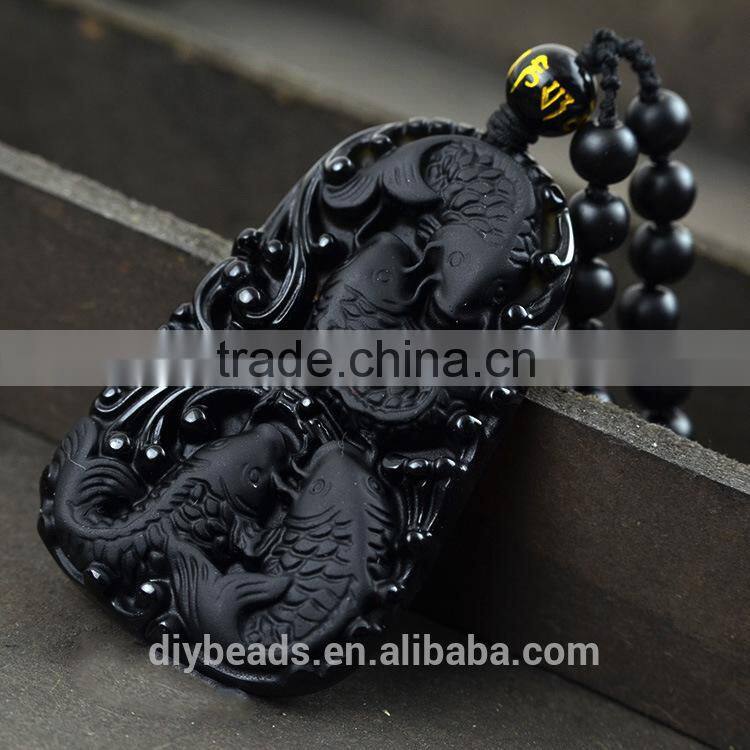 antique 60x35x10mm black carved double carps obsidian pendant