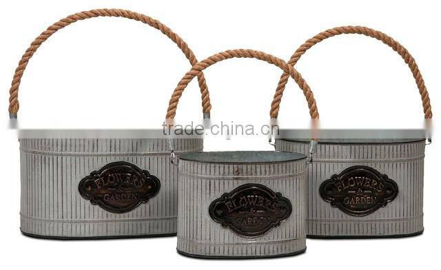 Large Round galvanized planter,Traditional Rustic Set of 3 Metal Galvanized Planter Home and garden with Jute ropeDecor