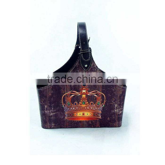 Crown Print Magazine Rack Faux Leather Storage Basket